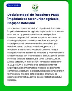 Aviz privind hotărârea de proiect PNRR pentru teren agricol în Coțușca Botoșani emis de SCCRASNA-FERM SRL și Agenția pentru Protecția Mediului Botoșani