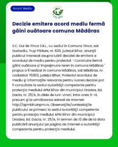 Decizia etapei de încadrare pentru proiectul Construire fermă avicolă găini ouătoare propus a fi amplasat în loc Mădăras sat Gailaz comuna Tinca județul Bihor
