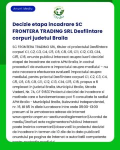 Anunț de la SC Frontera Trading SRL privind decizia evaluării impactului asupra mediului pentru eliminarea corpurilor în județul Brăila adresându-se mai multe localități