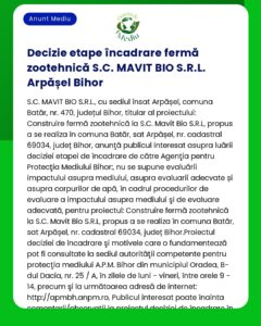 Decizia privind construirea unei ferme zootehnice în Arpașel Bihor de către SC MAVIT BIO SRL menționează că nu este necesară evaluarea impactului asupra mediului