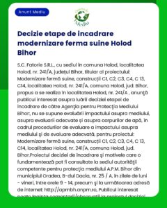 Proiectul avizat de APM pentru modernizarea unei ferme de porci în Holod Bihor