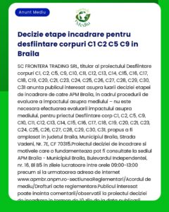 Aviz privind evaluarile de impact asupra mediului pentru dezmembrari structuri C1 C2 C5 C9 din Braila emis de SC FRONTERA TRADING SRL