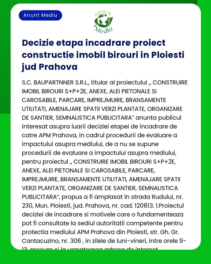 Decizie etapa incadrare proiect constructie imobil birouri in Ploiesti