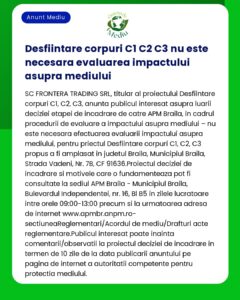 Aviz despre decizia de evaluare a impactului asupra mediului pentru proiectul de demontare caroserie C1 C2 C3 de catre SC Frontera Trading SRL din judetul Braila