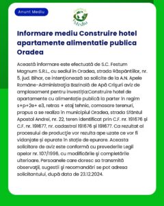 Afiș informativ despre construirea unui hotel cu alimentație publică în Oradea inclusiv detalii administrative și tehnice condiții și informații de contact pentru Festum Magnum SRL