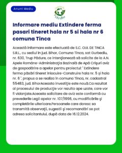 Informare mediu despre extinderea unei ferme de păsări tineret în comuna Tinca cu detalii legale și tehnice
