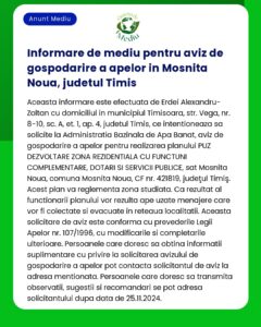 Informare de mediu pentru aviz de gospodarire a apelor in Mosnita Noua