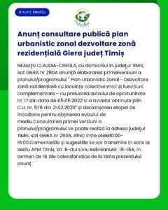 Anunț consultare publică plan urbanistic zonal dezvoltare zonă reziden