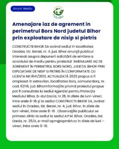 Anunț text despre o consultare publică pentru un proiect în Borș Nord județul Bihor care implică extracția nisipului și pietrișului Include detalii despre locație și informații despre licență