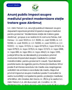 Anunț privind consultarea publică asupra impactului unui proiect de modernizare a unei instalații de tratare a gazelor aparținând SC OMV Petrom SA în diverse locații din Abrămuț