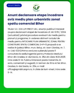 Anunt Mediu referitor la procedura de evaluare a impactului asupra mediului pentru un spațiu comercial în județul Bihor România
