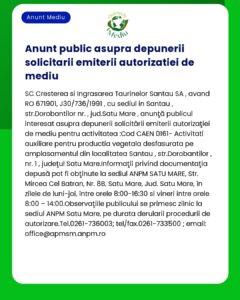 Cerere de autorizare de mediu pentru SC Cresterea si Ingrasarea Taurinelor Santau SA