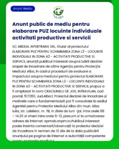 Anunț de anunț public de mediu privind o propunere de proiect a SC Ardeal Intertrans SRL care implică modificări de zonare și activități productive în anumite zone ale județului Alba România