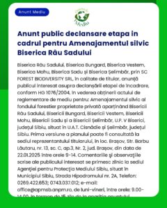 Anunț public privind stadiul planului de amenajare a pădurilor pentru Biserica Râul Sadului cu informații de contact și cerere de feedback de consultare publică