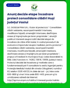 Anunț decizie etape încadrare proiect consolidare clădiri Huși județul