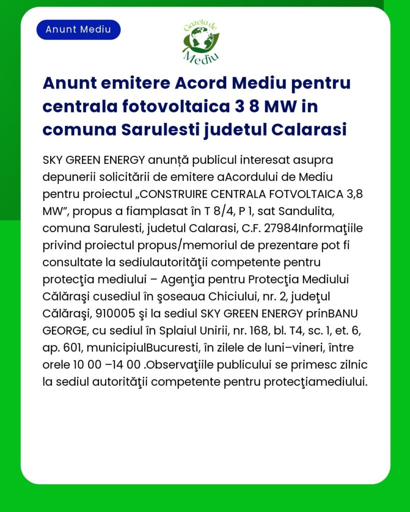 Anunt emitere Acord Mediu pentru centrala fotovoltaica 3 8 MW in comun