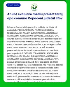 Anunt evaluare mediu proiect foraj apa comuna Copaceni judetul Ilfov