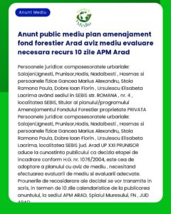 Anunt public mediu plan amenajament fond forestier Arad aviz mediu eva