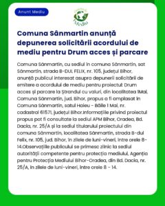 Anunț pentru depunerea cererilor de autorizație de mediu pentru drum de acces și parcare în Ștrandul cu Valuri Sânmartin Bihor
