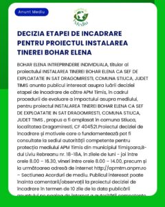 Decizie de mediu pentru proiectul Tinerei Bohar Elena în Sat Dragomirești Comuna Știuca Județ Timiș