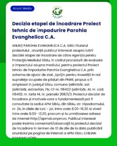 Decizia etapei de încadrare pentru proiectul de împădurire al Parohiei Evanghelice cu detalii privind evaluarea impactului asupra mediului și codurile legale aferente