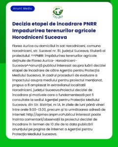 Aviz privind procesul de evaluare a impactului asupra mediului pentru un proiect la Horodniceni Suceava postat de Agentia Judeteana pentru Protectia Mediului