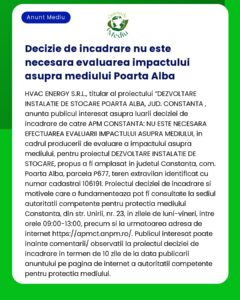 Aviz privind evaluarea impactului asupra mediului pentru proiectul Amenajare Depozit din județul Constanța prin care se precizează că evaluarea nu este necesară pentru acest proiect