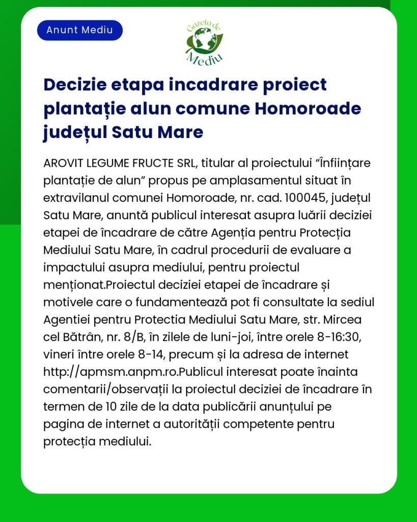 Decizie etapa incadrare proiect plantație alun comune Homoroade județu