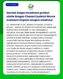 Decizie etapa incadrare proiect statie biogaz Chezani judetul Mures ev