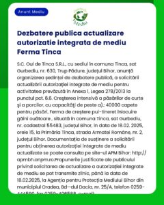 Un anunț public de la Ferma Tinca despre actualizarea autorizației de mediu Include detalii despre locație subiecte precum capacitatea avicală și informații de contact