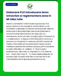Anunț despre un proiect PUZ de reglementare funciară în Alba Iulia România cu detalii privind consultarea publică și impactul asupra mediului din 11 octombrie 2023