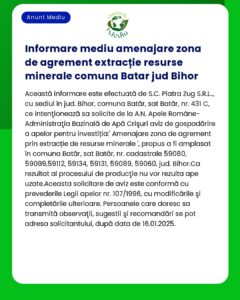 Anunț despre amenințările pentru mediu din extracția resurselor minerale din Bătar județul Bihor România Include detalii despre aprobările locale și conformitatea legală