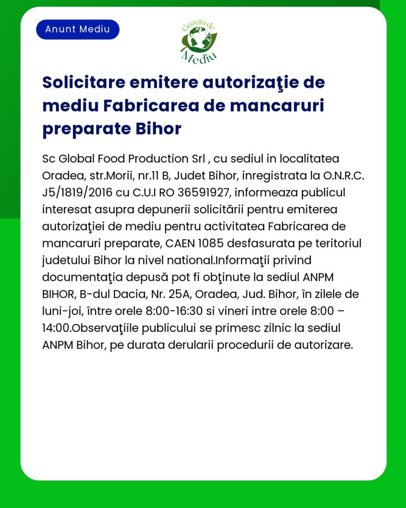 Aviz de către Global Food Production Srl din Oradea de informare cu privire la cererea de autorizație de mediu pentru fabricarea alimentelor preparate și detalii privind inspecția publică a documentelor