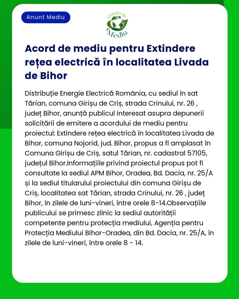 Elaborare acord de mediu pentru extinderea rețelei electrice în Bihor România