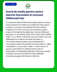 Anunț oficial care detaliază un acord pentru un centru de energie solară în Hălăucești Iași Include detalii despre proiect și informații despre companie prezentate cu un design cu tematică verde