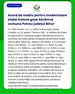 Anunț despre un acord de mediu pentru modernizarea stației de tratare a gazelor din Abrămuț comuna Petreu județul Bihor România de către SCOMV Petrom SA
