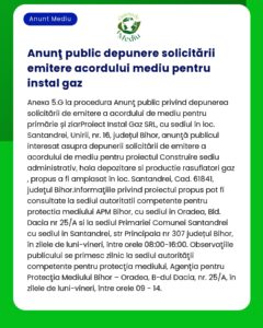Anunț privind solicitarea acordului de mediu pentru proiectul “Construire instalație gaze de către Constructie Instal Gaz SRL în Șântandrei Bihor România