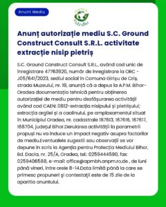 Eliberarea acordului de mediu pentru SC Ground Construct Consult SRL pentru activități de excavare implicând extracția de nisip și pietriș