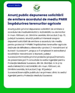 Acord de mediu solicitat pentru teren agricol în Suceava implicând pe Mihaescu Alexandru cu detalii despre proiect și informații de contact