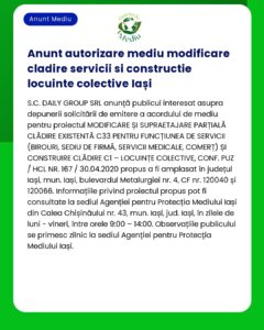 Anunț privind autorizarea de mediu pentru a și construirea unor clădiri rezidențiale în Iași Include detalii despre proiect și contact