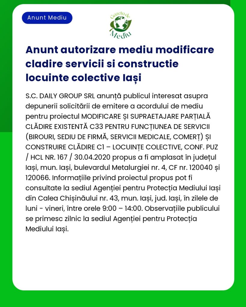 Anunț privind autorizarea de mediu pentru a și construirea unor clădiri rezidențiale în Iași Include detalii despre proiect și contact