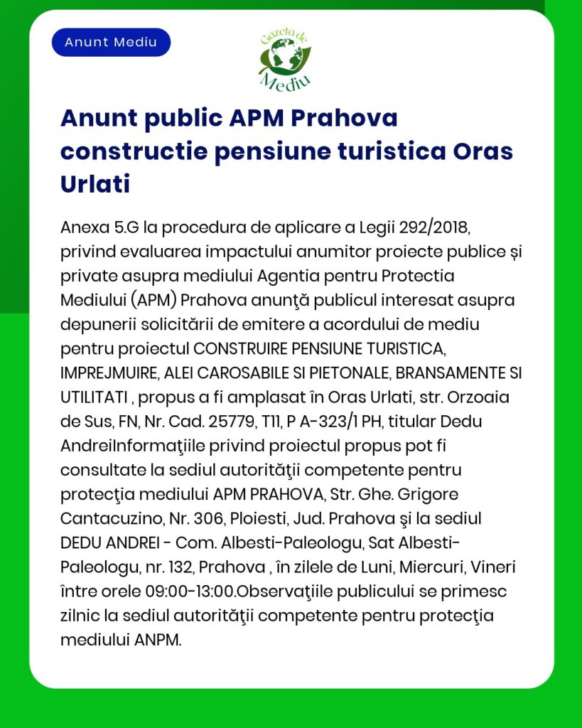 Proiect propus pentru a construi pensiune turistică în Oras Urlati