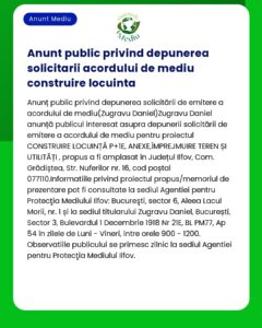 Anunț privind cererea de acord de mediu pentru construirea de locuințe emis de Agenția pentru Protecția Mediului Ilfov cu detalii de participare a publicului