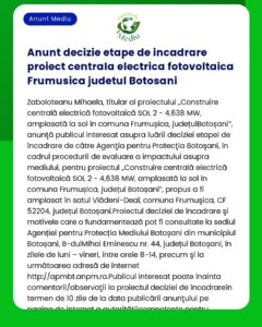 Anunt decizie etape de incadrare proiect centrala electrica fotovoltai