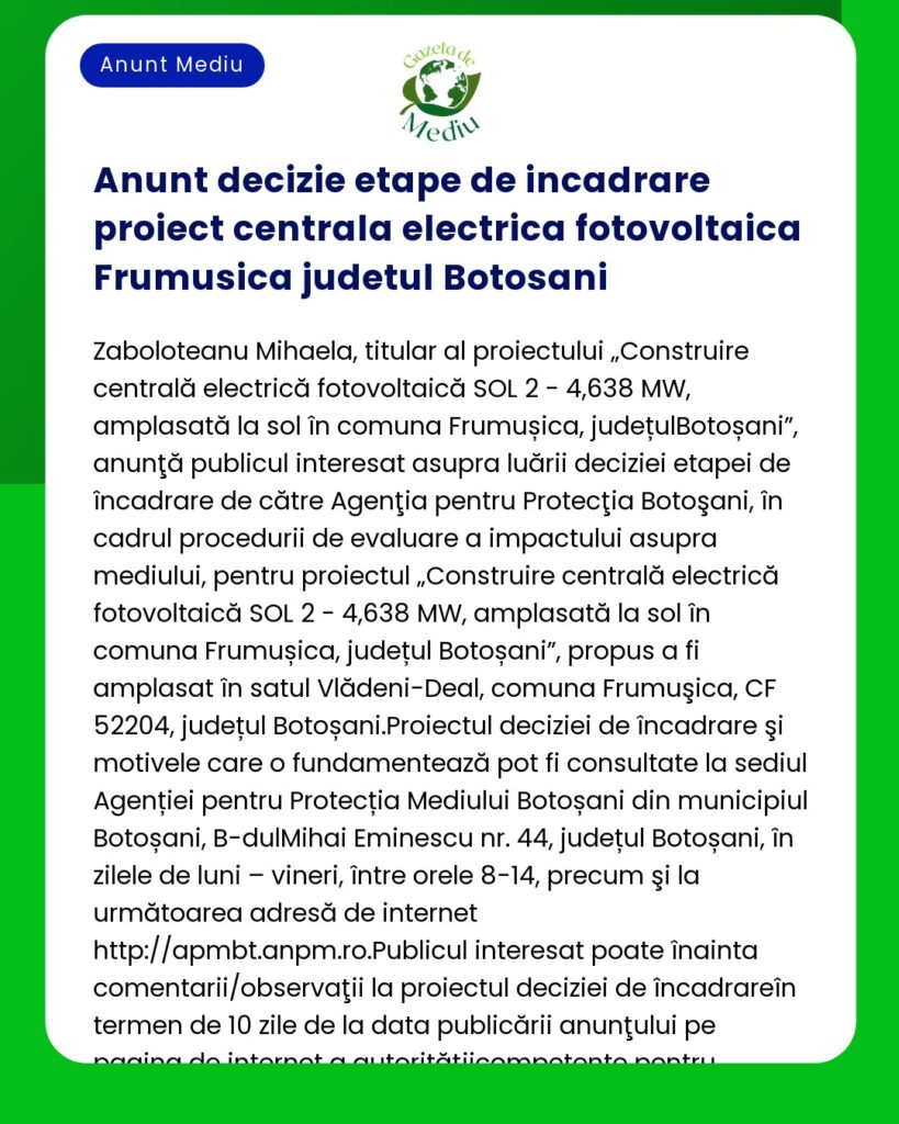 Anunt decizie etape de incadrare proiect centrala electrica fotovoltai