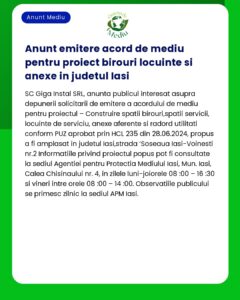 Anunt emitere acord de mediu pentru proiect birouri locuinte si anexe