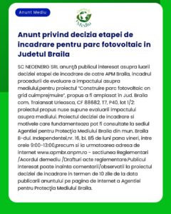 Anunt privind decizia etapei de incadrare pentru parc fotovoltaic in J