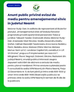 Anunt public privind avizul de mediu pentru amenajamentul silvic in ju
