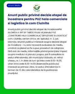 Anunt public privind decizia etapei de incadrare pentru PUZ hala comer
