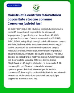 Proiect de stocare a energiei solare în Comarna județul Iași către SC ELECTROPHOSONUS SRL cu mențiuni despre evaluările impactului asupra mediului și informațiile de interes public